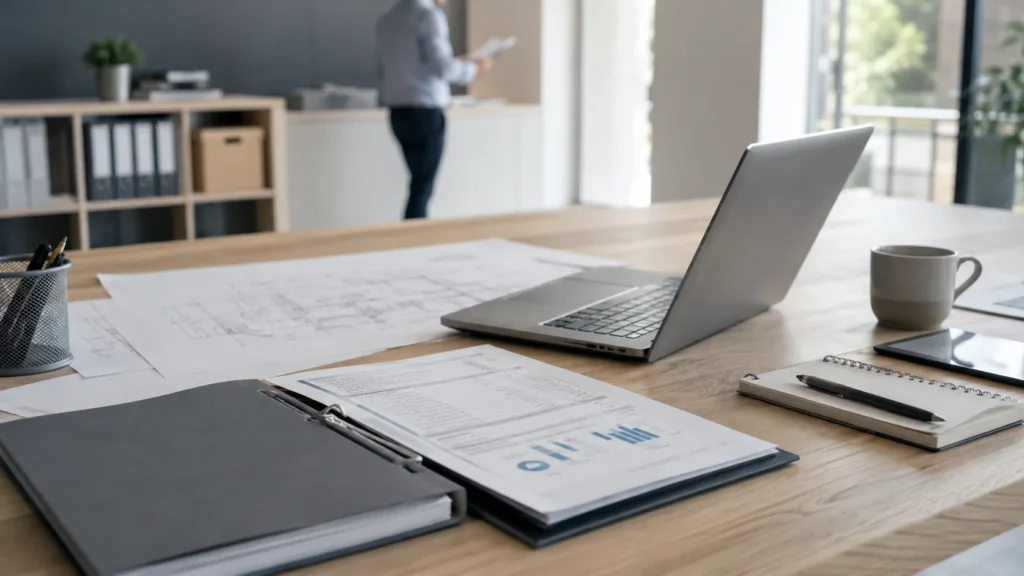 Mesa de trabajo con portátil, planos y documentación para apoyo técnico-comercial a empresas