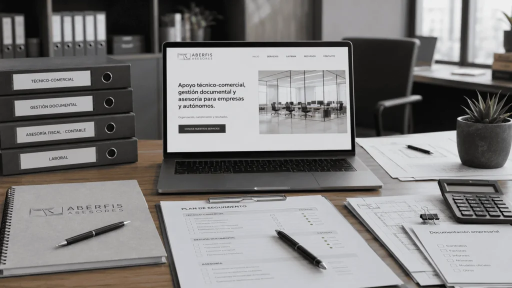 Oficina profesional de Aberfis con documentación, portátil y servicios de apoyo a empresas